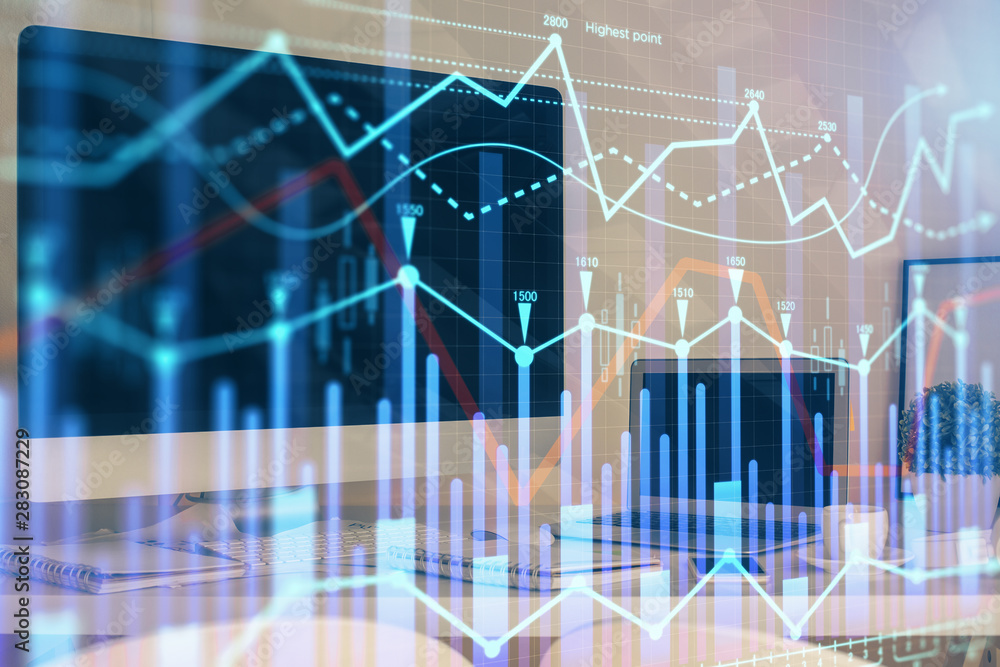 Stock market graph on background with desk and personal computer. Multi exposure. Concept of financial analysis. Stock market graph on background with desk and personal computer. Multi exposure. Concept of financial analysis.