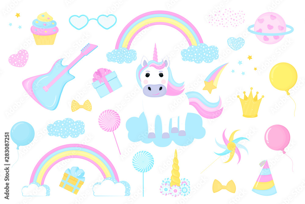Unicorn and clipart set, rainbow, crown, cloud, comet, gift, guitar, balloon Unicorn and clipart set, rainbow, crown, cloud, comet, gift, guitar, balloon