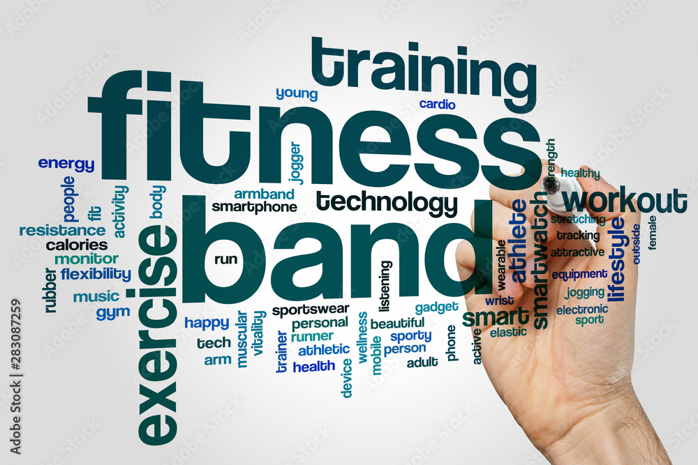 Fitness band word cloud concept on grey background Fitness band word cloud concept on grey background