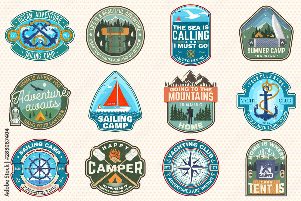 Naklejka premium Set of sailing camp and summer camp patches. Vector. Concept for shirt, print, stamp or tee. Design with sea anchors, hand wheel, sailboat , camping tent and campfire silhouette.