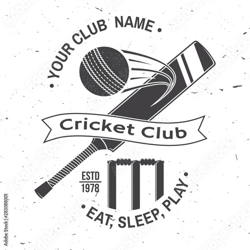 Cricket club badge. Vector. Concept for shirt, print, stamp or tee. Vintage typography design with bat , wicket, bail and cricket ball silhouette. Templates for sports club.