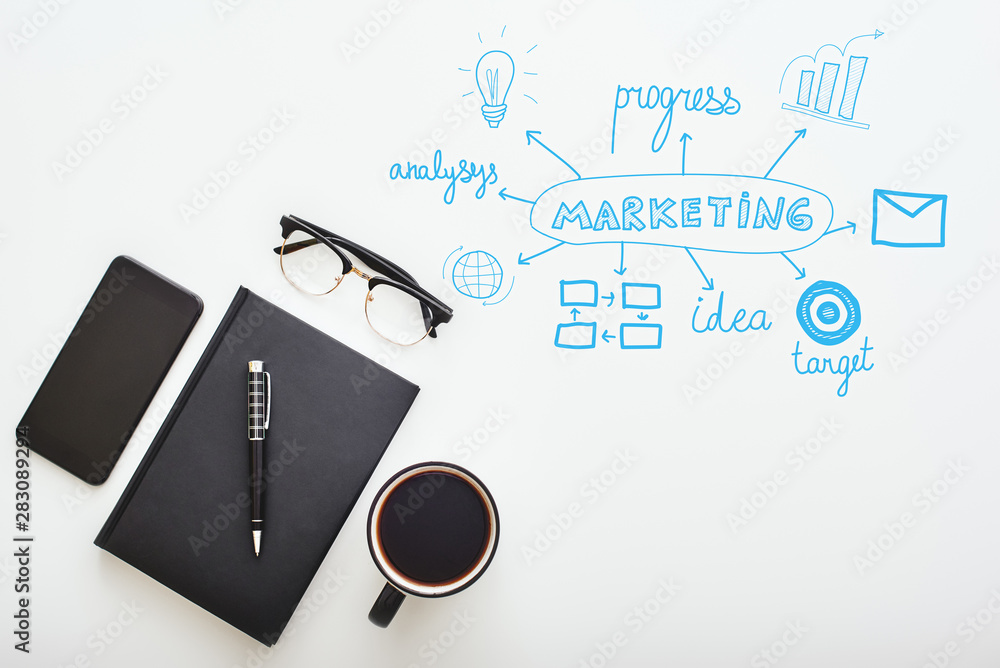 Creating. Results. Top view office desk. Marketing concept Creating. Results. Top view office desk. Marketing concept