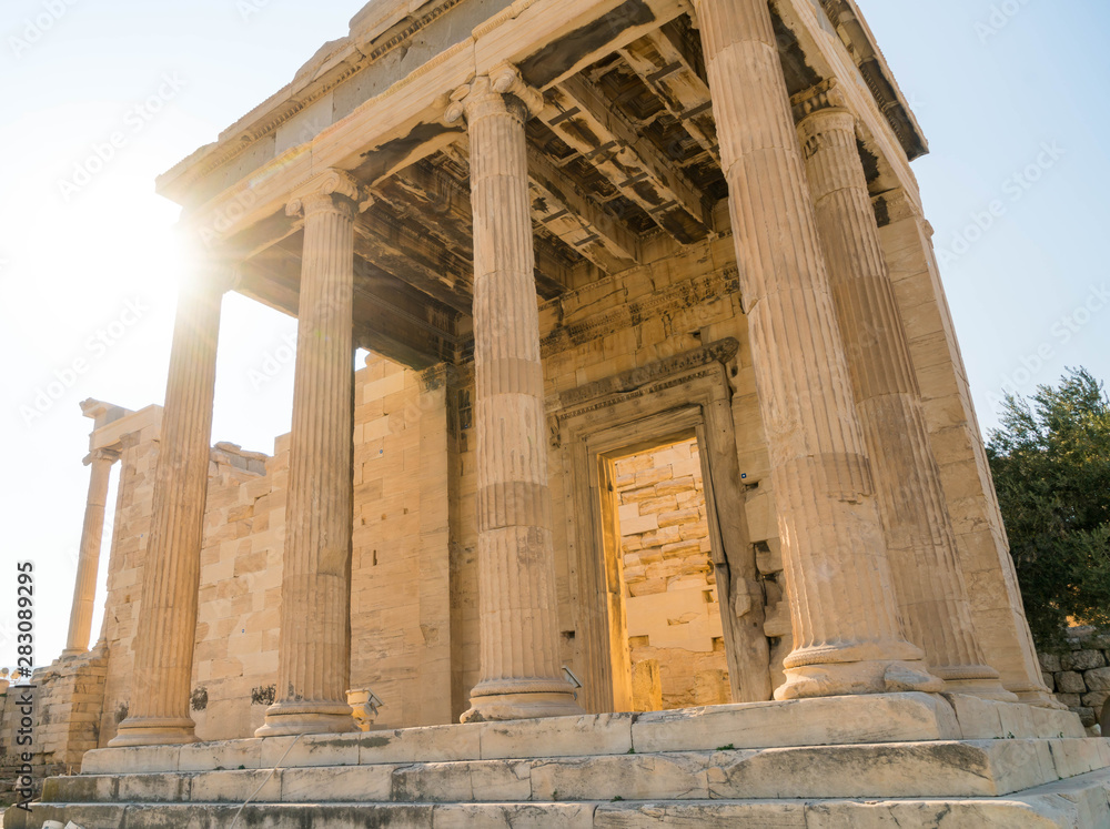 Sun Shines on Ruins of Temple at Acropolis in Greece