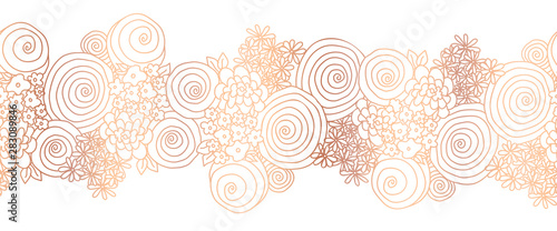 Flower border copper foil. Shiny metallic seamless floral vector border rose gold. Flowers Repeating background 