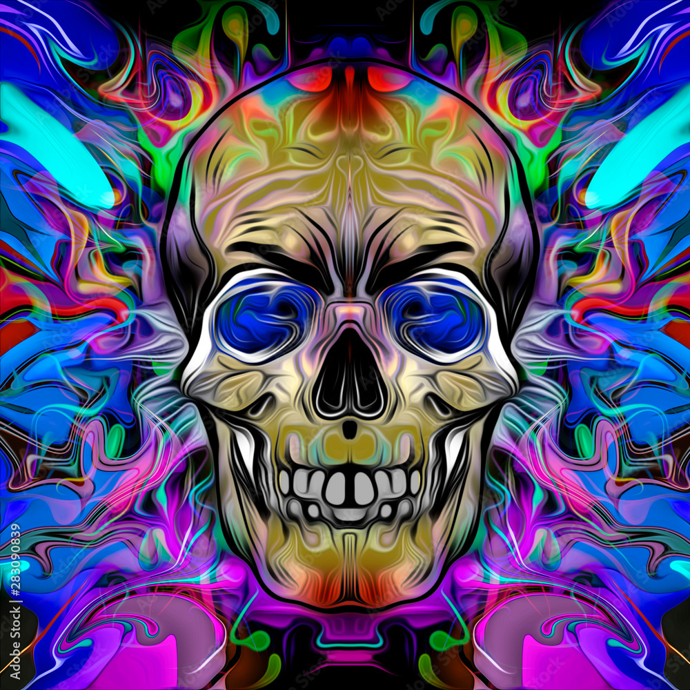 Human skull with colorful spots on dark background 