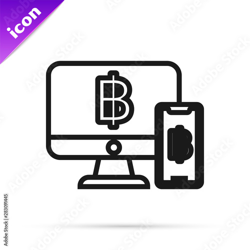 Black line Computer monitor with pound sterling symbol icon isolated on white background. Online shopping concept. Earnings in the Internet. Vector Illustration