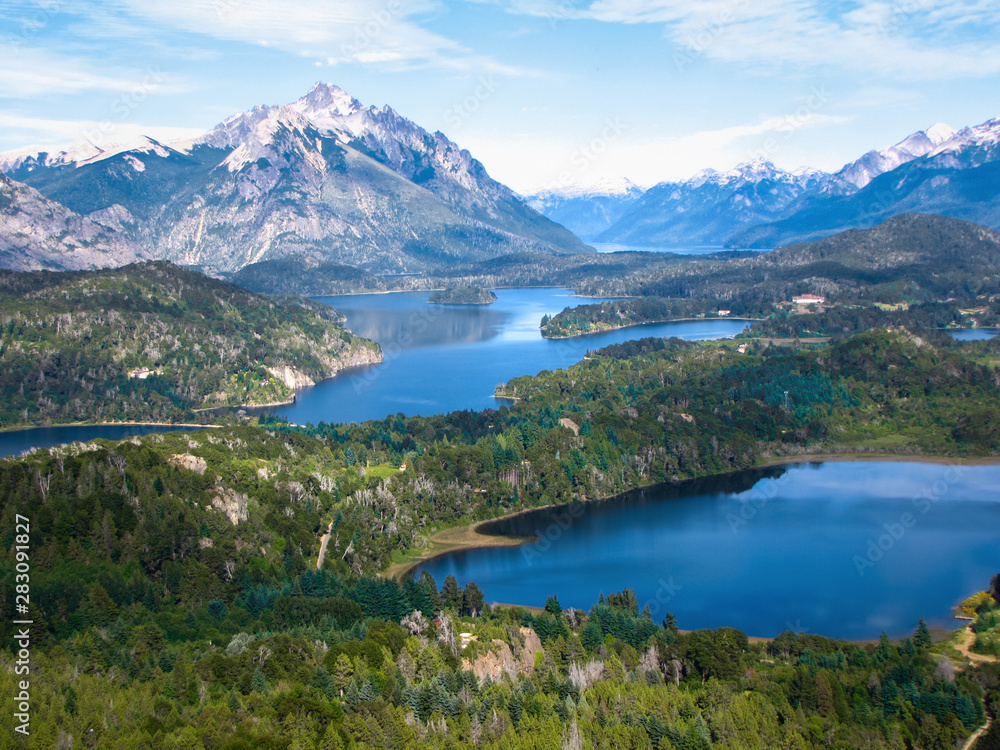 Amazing landscape view over lakes and mountains from the Cerro Campanario viewpoint, Bariloche, Nahuel Huapi National Park, Argentina, Patagonia region, South America