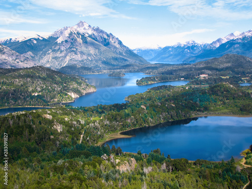 Amazing landscape view over lakes and mountains from the Cerro Campanario viewpoint, Bariloche, Nahuel Huapi National Park, Argentina, Patagonia region, South America