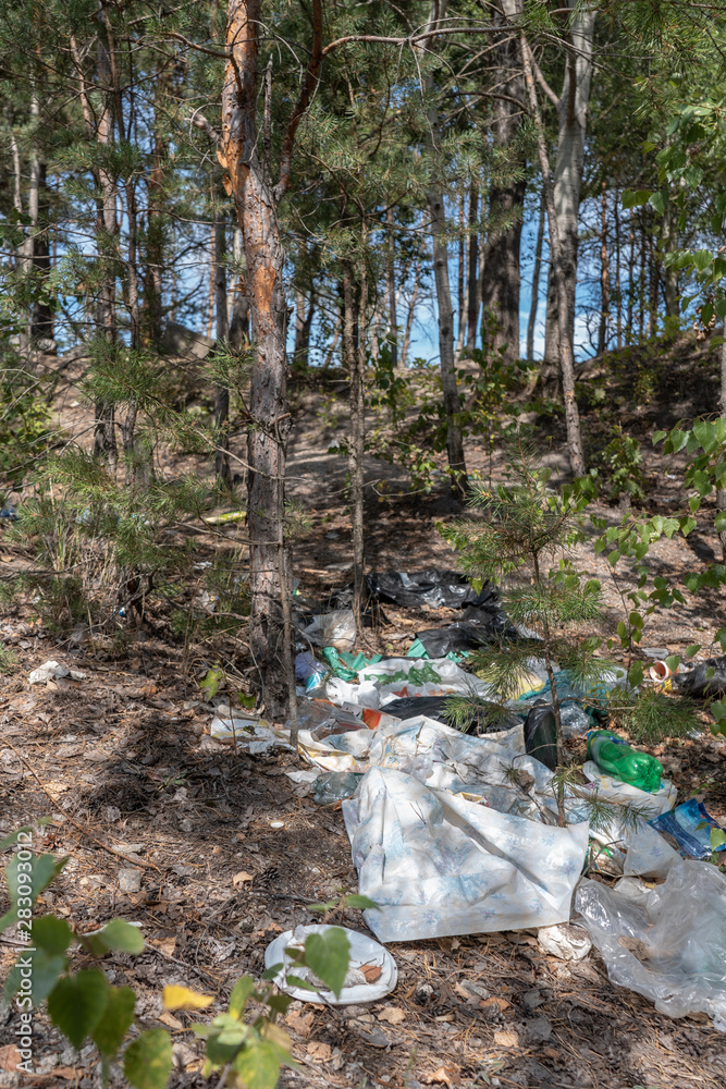 Obraz premium Plastic, paper and other rubbish is scattered among the trees in the forest on a summer day. Environmental pollution by waste after outdoor recreation. Vertical