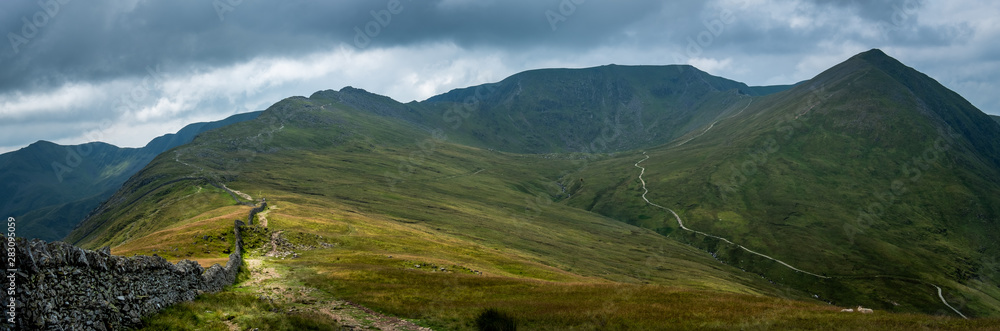 Panoramic view of famous hiking route up Helvellyn in the English Lake District