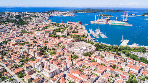 Photography Aerial shoot of Arena ancient Roman amphitheater Old town Pula, Istra region, Croatia