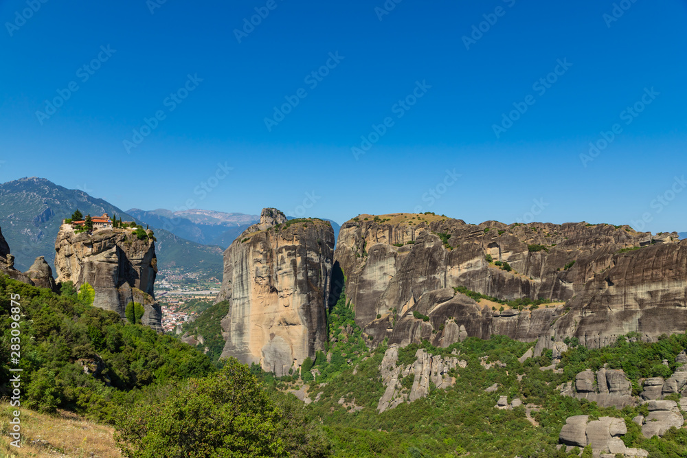 The Meteora is a rock formation in Greece hosting one of the largest and most precipitously built complexes of Eastern Orthodox monasteries.