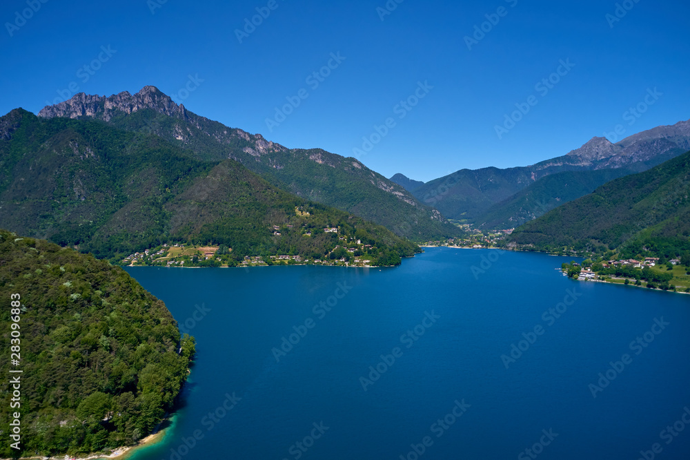 Aerial photography with drone. Panoramic view of Lake Ledro in the north of Italy In the Alps.