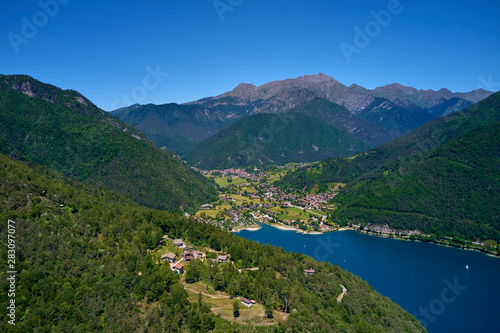 Fototapeta Naklejka Na Ścianę i Meble -  Aerial photography with drone. Panoramic view of Lake Ledro in the north of Italy In the Alps.