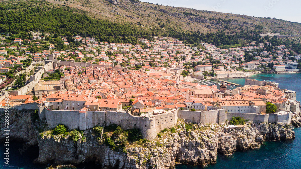 Aerial view at famous european travel destination in Croatia, Dubrovnik old town.