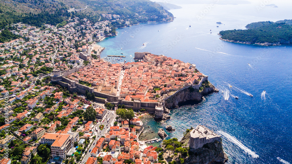 Aerial view at famous european travel destination in Croatia, Dubrovnik old town.