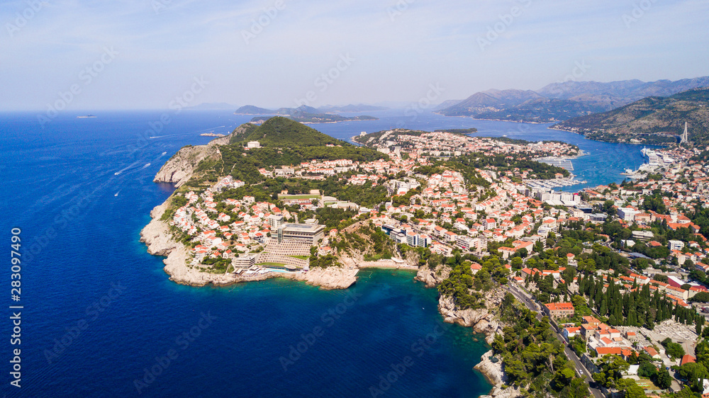 Dudrovnik, Croatia. Aerial view on the old town. Vacation and adventure. Town and sea. Top view from drone at on the old castle and azure sea