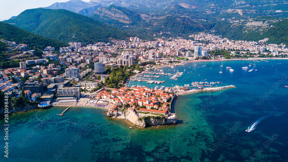 Top view.of Budva, Montenegro from the air. Aerial view.