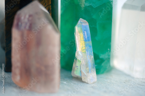 A collection of stone crystals for healing and energy meditation.  photo