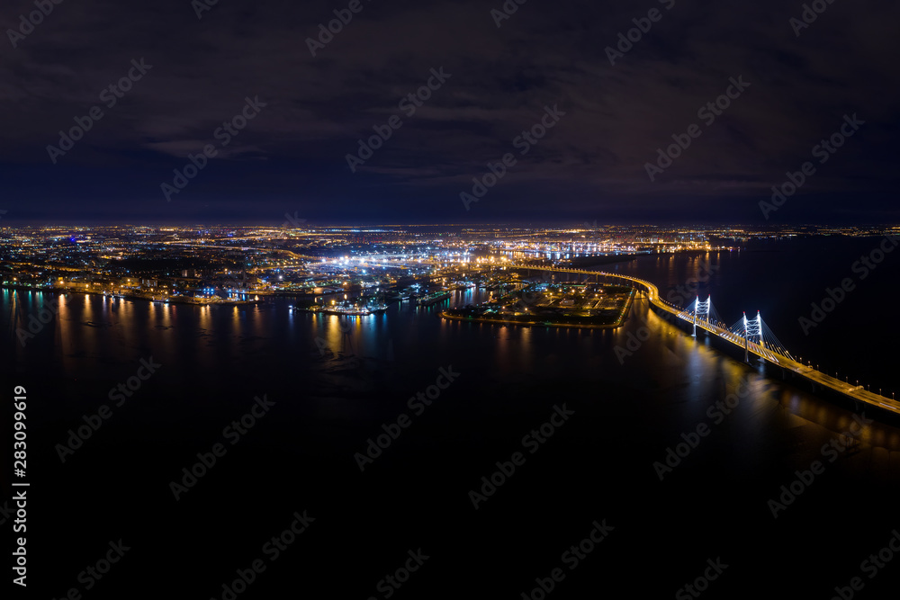 Aerial panorama of Saint Petersburg, Russia sea side at night