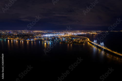 Aerial panorama of Saint Petersburg, Russia sea side at night
