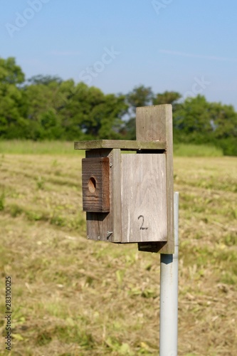 A close side view of a wood birdhouse box.