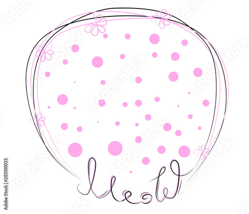 funny cat girl face in a flower chain, with text Meow. Isolated objects