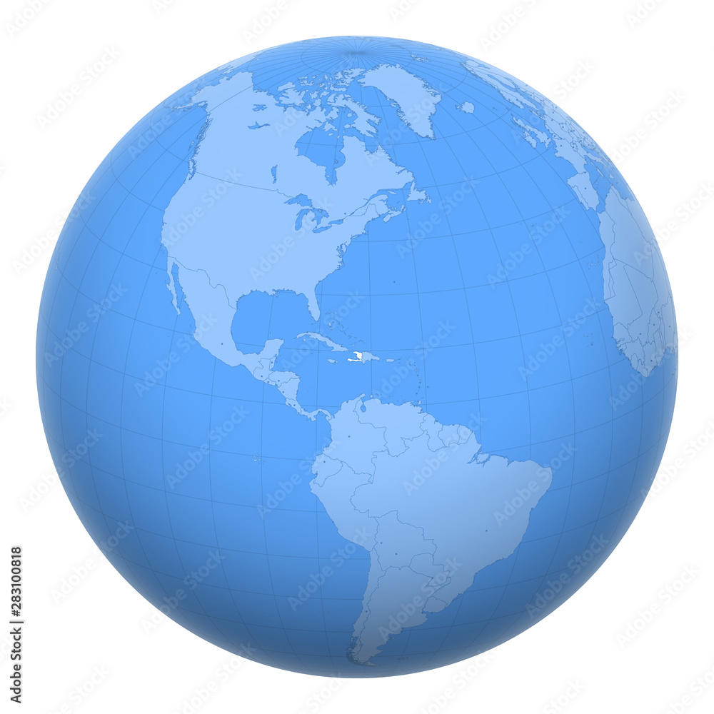 Haiti (Hayti) on the globe. Earth centered at the location of the Republic of Haiti. Map of Haiti. Includes layer with capital cities. Haiti (Hayti) on the globe. Earth centered at the location of the Republic of Haiti. Map of Haiti. Includes layer with capital cities.