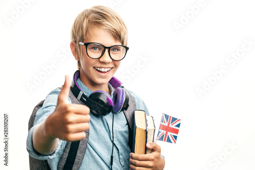 Modern teenage student thumb up gesture