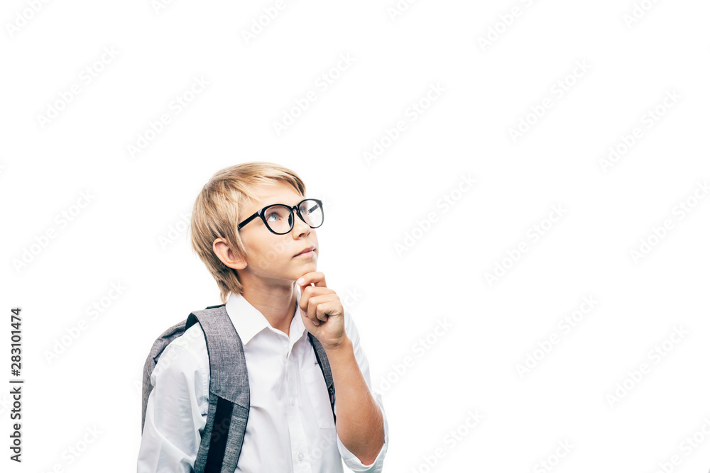 Blond kid in glasses with a backpack reflecting Blond kid in glasses with a backpack reflecting