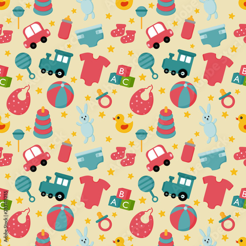 baby toys and clothes icons seamless pattern. newborn items on cream background. vector Illustration.