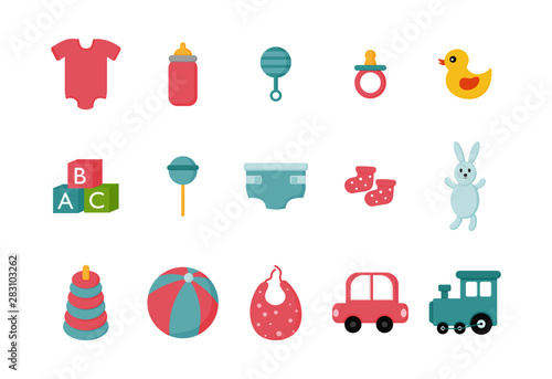 newborn items. toys and clothes icons. baby care supplies on white background. vector Illustration.