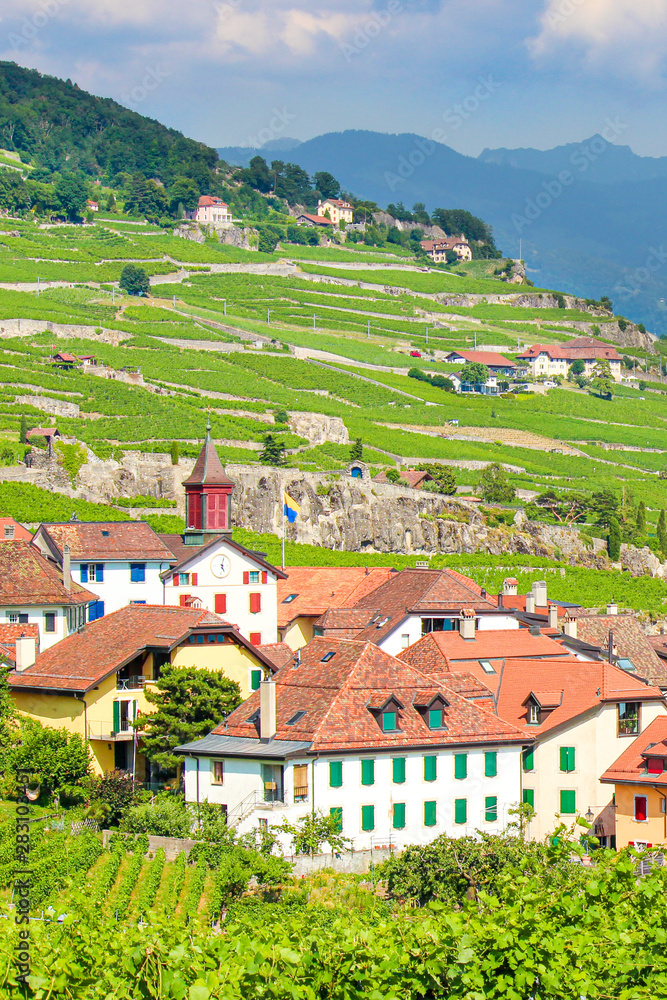 Vertical picture of picturesque village Rivaz located on slopes by Geneva Lake, Switzerland. Swiss summer. Lavaux wine region, UNESCO Heritage. Switzerland landscape. Tourist places