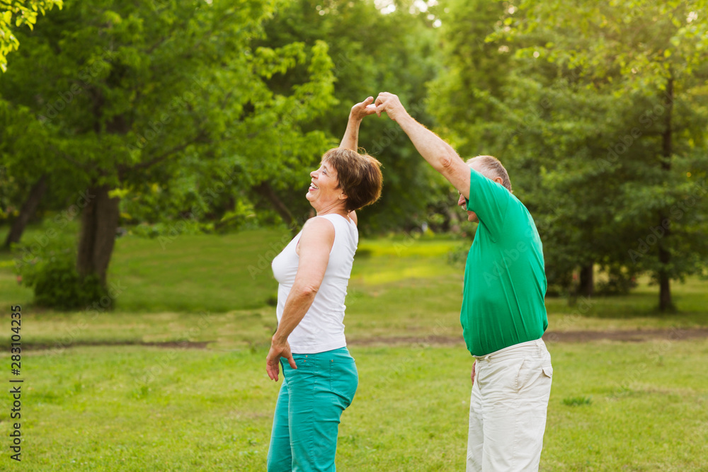Senior couple dancing in park on sunny day Senior couple dancing in park on sunny day
