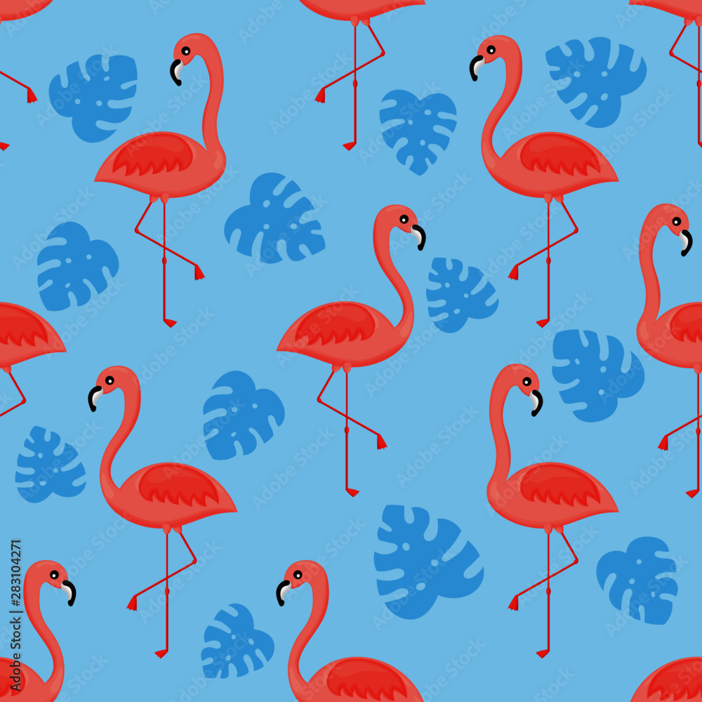 Obraz premium flamingos and palm leaf seamless pattern on blue background. tropical trendy. vector Illustration.
