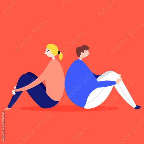 The guy and the girl quarrel and were offended by each other. Stressful situations quarrel. Vector editable illustration