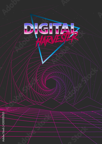 Vector Abstract Retro 80s Poster With Neon Grid Landscape. Vector EPS .10