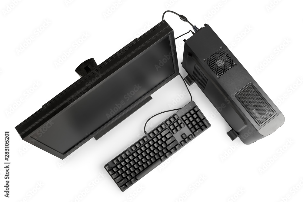 Black desktop computer, monitor and keyboard top view isolated with clipping path