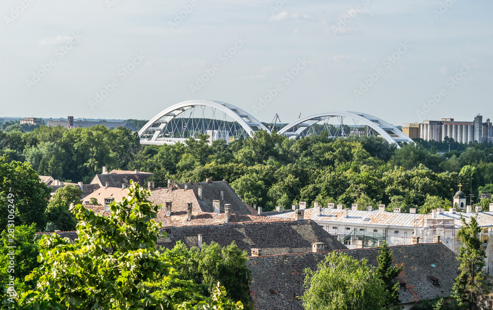 Fototapeta premium Novi Sad, Serbia - July 17. 2019: Zezelj bridge on river Danube in Novi Sad Serbia