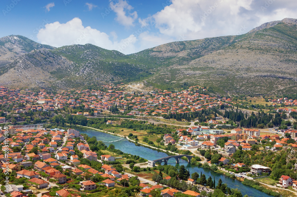 View of Trebinje city and Trebisnjica river from Crkvina Hill on sunny summer day. Bosnia and Herzegovina, Republika Srpska