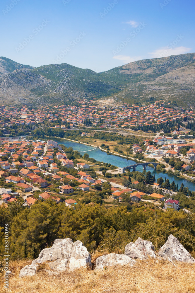 Summer view of Trebinje city and Trebisnjica river from Crkvina Hill. Bosnia and Herzegovina, Republika Srpska