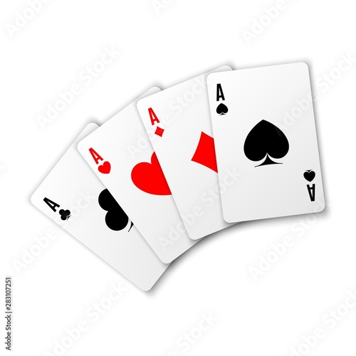 Four aces. Poker winning hand. Card suit vector illustration on white background. Hearts, clubs spades and diamonds ace.