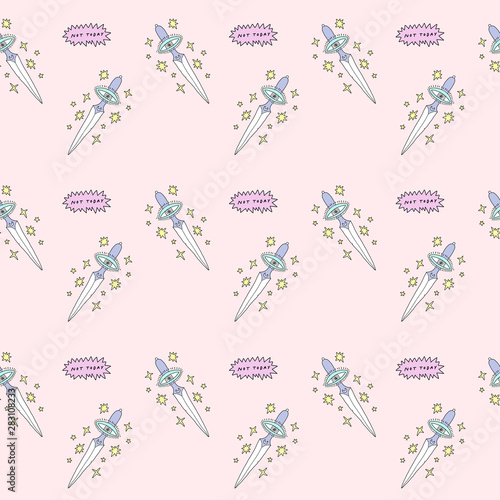Magic Antisocial Sword Knife Girl Cosmic Fairy Medieval Fairy Weapon Vector Seamless Pattern