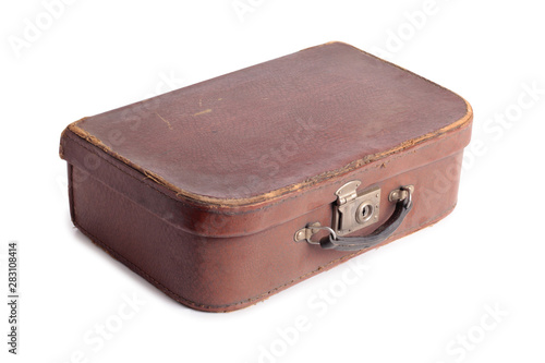 Old leather suitcase on a white background