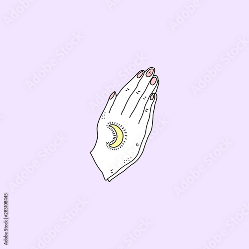 Praying Hands Medieval Sorceress Vintage Engraving Moonlight Magic Line Art Vector Clipart Illustration