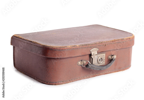 Old leather suitcase on a white background