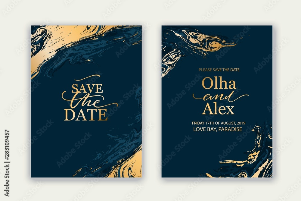Naklejka premium Luxury brochure, cover, wedding card template with geometric frame. Blue and gold marble texture.