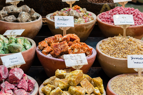 Various kinds of incense in Jerusalem market: amber, frankincense, messer, patcholi, musk, jerusalem incense