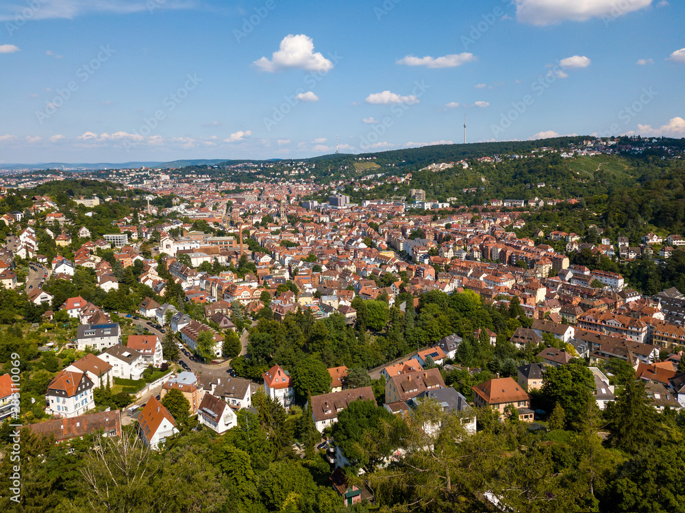Aerial view of the southern parts and the tv tower of Stuttgart, one of the most important industrial cities in Germany.