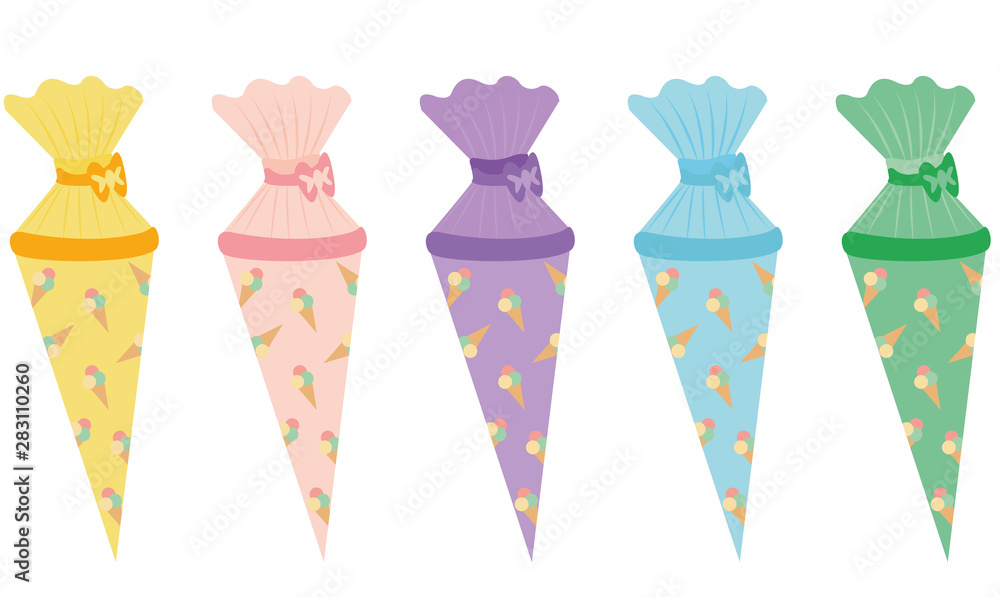 School covert vector - ice cream pattern in different colors, yellow, rosa, green, blue, violet, isolated on white background
